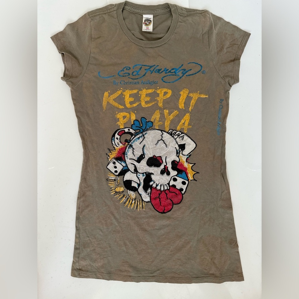 Ed Hardy M Graphic Rhinestone Long T-Shirt - Khaki with Multicolor Design Women